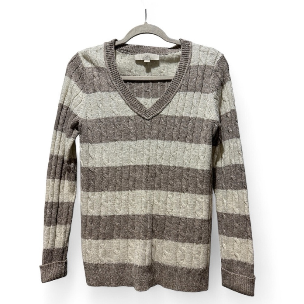 LOFT Wool Blend Striped Cable Knit V-Neck Sweater Cream Taupe Size M